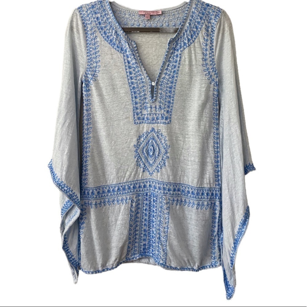 Calypso St. Barth Etasa Sky Blue Embroidered Linen Jersey Boho Tunic Size XS